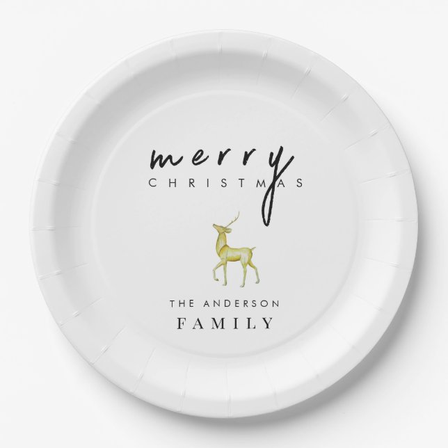Minimalist Watercolor Reindeer Merry Christmas Paper Plate (Front)