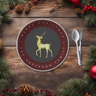 Minimalist Watercolor Reindeer Merry Christmas Paper Plate