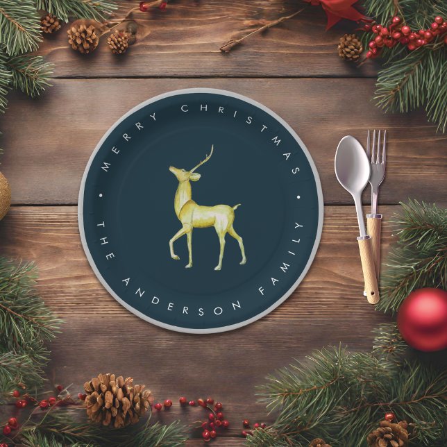 Minimalist Watercolor Reindeer Merry Christmas Paper Plate (Creator Uploaded)