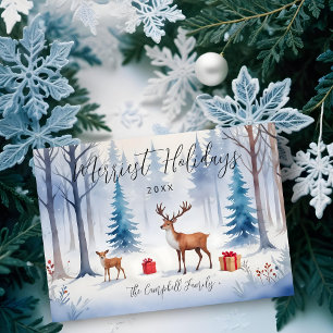 Minimalist Watercolor Reindeers Frosted Forest Holiday Card