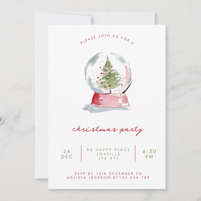 Minimalist Watercolor Snow Globe Christmas Party Invitation (Front)