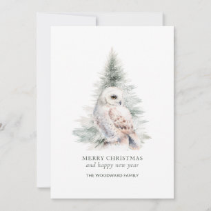 Minimalist Watercolor Snowy Owl Woodland Christmas Holiday Card