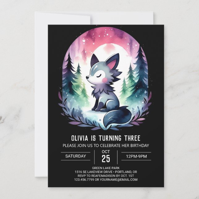 Minimalist Watercolor Wolf Birthday Invitation (Front)