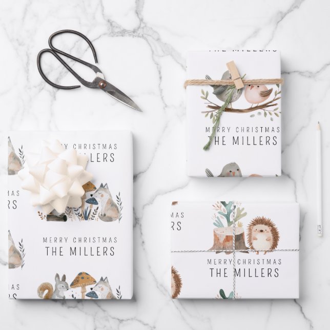 Minimalist Watercolor Woodland Animals Wrapping Paper Sheet (Front)