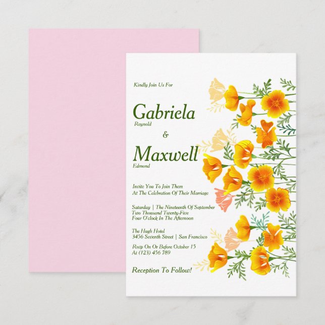 Minimalist Watercolour California Poppy Wedding Invitation (Front/Back)