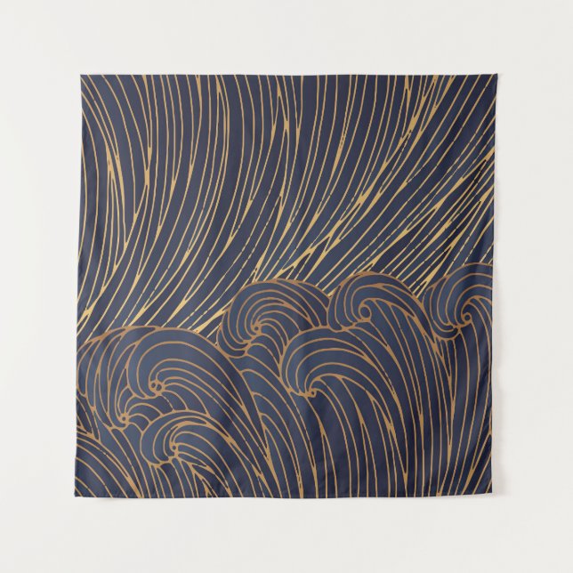 Minimalist waves, mountain line art. tapestry (Front)
