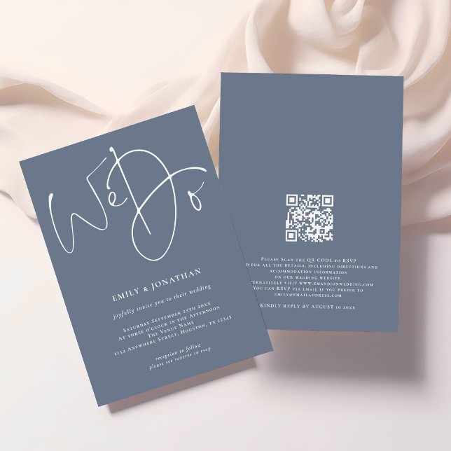 Minimalist We Do Script Dusty Blue QR Code Wedding Invitation (Front and back view)