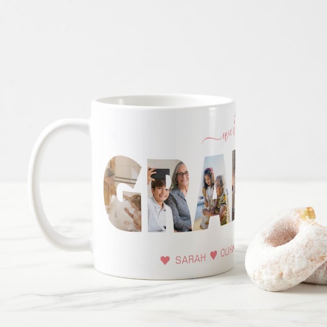 Minimalist We Love You Grandma Photo Collage Pink Coffee Mug (With Donut)