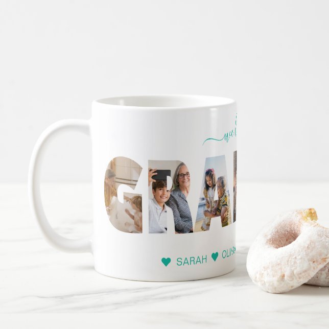Minimalist We Love You Grandma Photo Collage Teal Coffee Mug (With Donut)