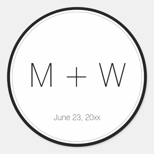 Minimalist Wedding black and white initials simple Classic Round Sticker (Front)