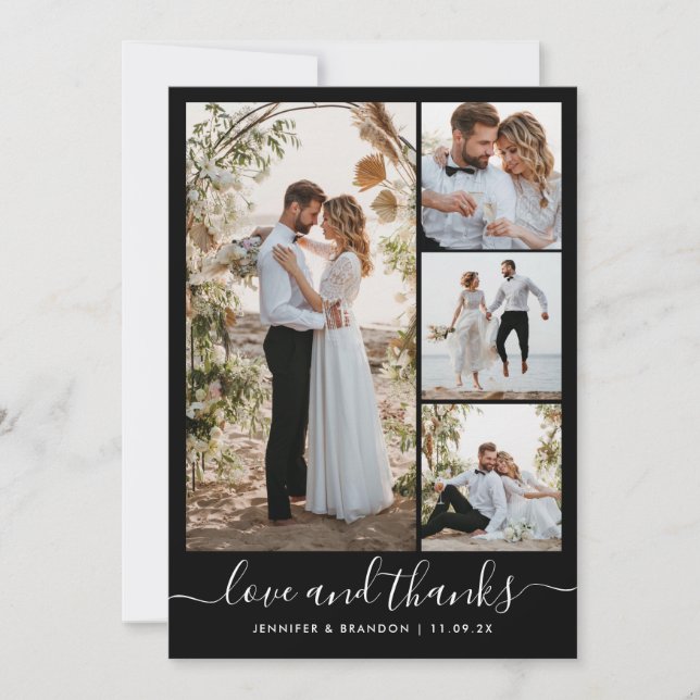 Minimalist Wedding Black multi Photo Wedding Thank You Card (Front)