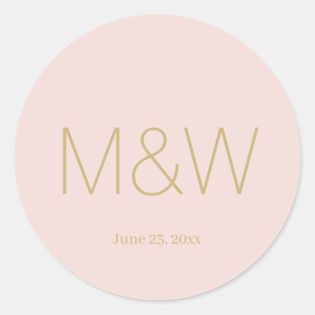 Minimalist Wedding blush pink gold monogram  Classic Round Sticker (Front)