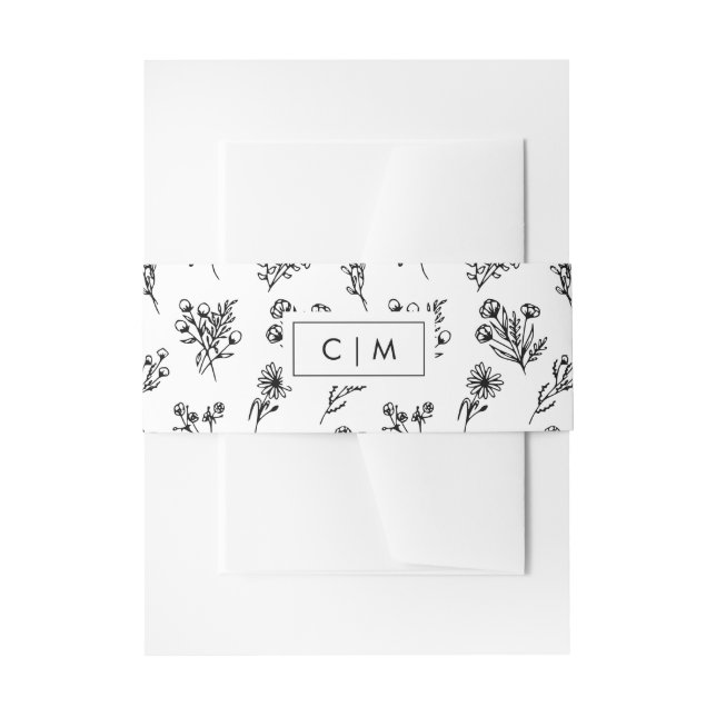 Minimalist Wedding Botanical Pattern Black + White Invitation Belly Band (Front Example)