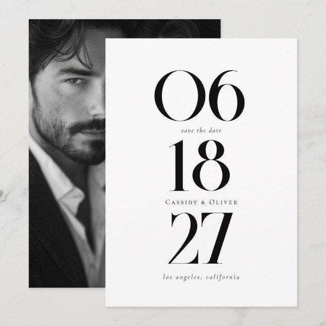 Minimalist Wedding Date Bold Black White Photo Save The Date (Front/Back)