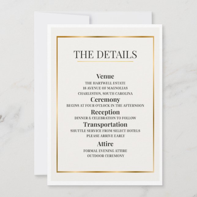 Minimalist Wedding Details Card – Gold Border (Front)
