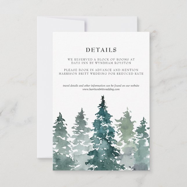 Minimalist Wedding Details Card | Watercolor Pines (Front)