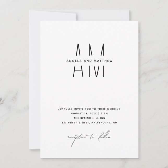 Minimalist Wedding + Details & QR. Modern Monogram Invitation (Front)