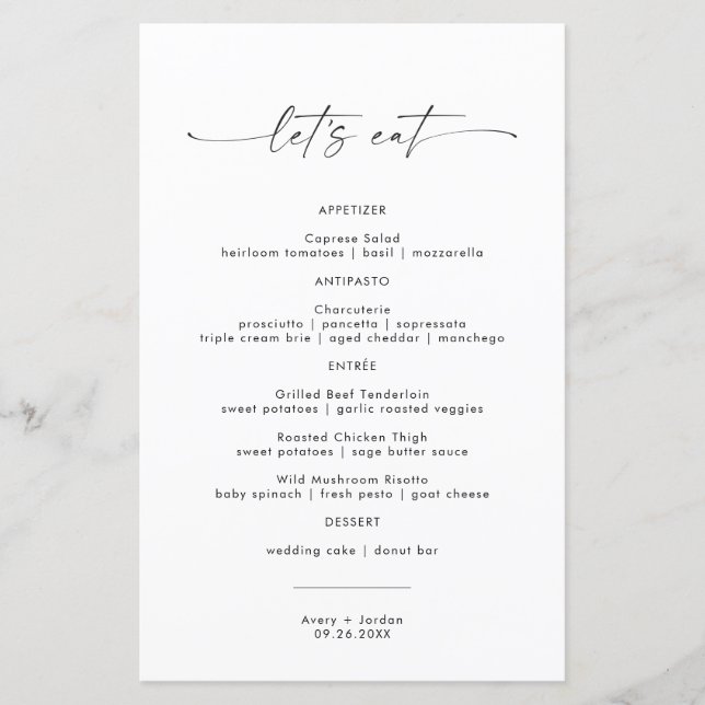Minimalist Wedding Dinner Menu Let's Eat Food Menu (Front)