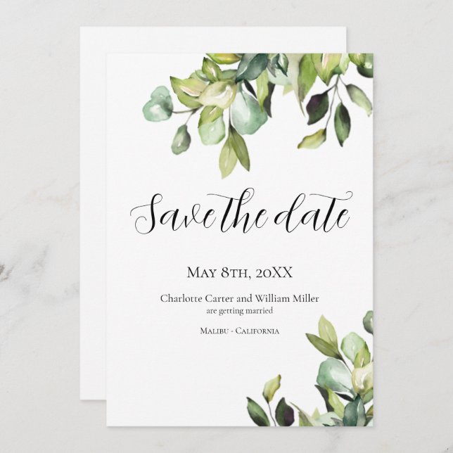 Minimalist Wedding | Elegant Green Botanical Save The Date (Front/Back)