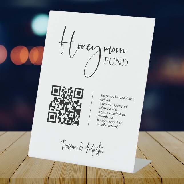 Minimalist Wedding Honeymoon Fund QR Code Pedestal Sign (Creator Uploaded)