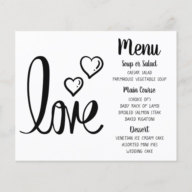 Minimalist Wedding Menu Black White Bridal Shower (Front)