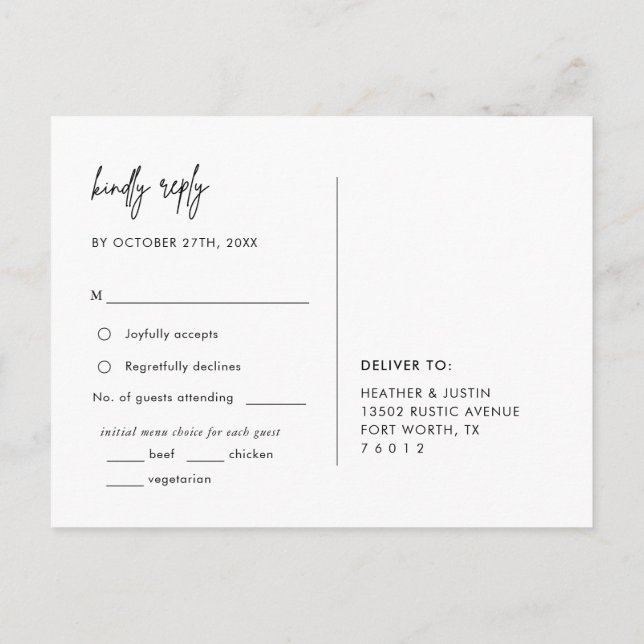 Minimalist Wedding Menu Choice RSVP Postcard (Back)