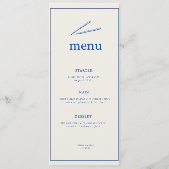 Minimalist Wedding Menu – Elegant Blue Typography  (Front)