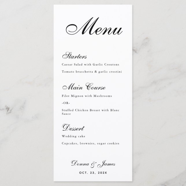 Minimalist Wedding Menu - Simple Black and White (Front)