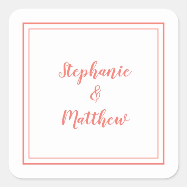 Minimalist Wedding Modern Favour Thank You Coral Square Sticker (Front)