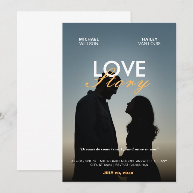 Minimalist Wedding movie poster photo love story  Invitation (Front/Back)