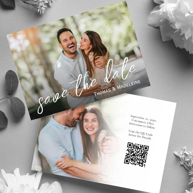 Minimalist Wedding Photo Collage Save The Date (Elegant wedding save the date photo card, with simple calligraphy script. )