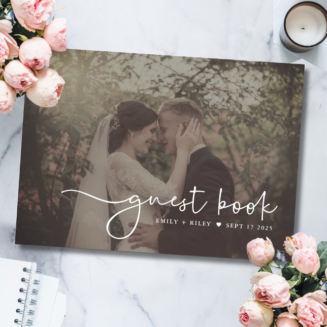 Minimalist Wedding Photo Script Monogram | Black Guest Book (Creator Uploaded)