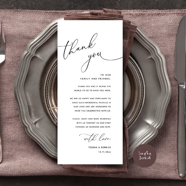 Minimalist Wedding Place Setting Thank You Card (Welcome n Thanks Wedding Reception Dinner Brunch Lunch Thank You Card in Black White)