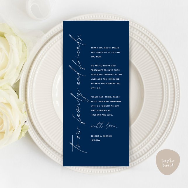 Minimalist Wedding Place Setting Thank You Card (Minimalist Wedding Place Setting Thank You Dinner Card, in Classy Navy Blue)