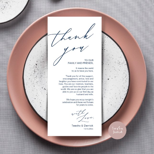 Minimalist Wedding Place Setting Thank You Card (Wedding Place Setting Dinner Thank You Card, Modern Romantic Script, in Navy Blue)