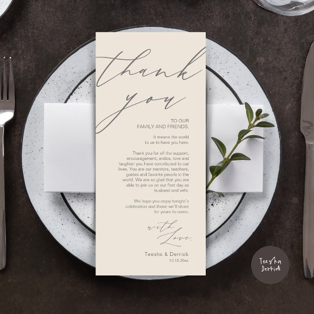 Minimalist Wedding Place Setting Thank You Card (Wedding Place Setting Dinner Thank You Card, Modern Romantic Script, in Dark Grey Cream)