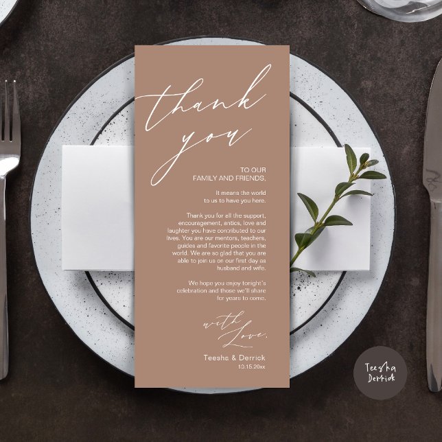 Minimalist Wedding Place Setting Thank You Card (Wedding Place Setting Dinner Thank You Card, Modern Romantic Script, in Taupe)