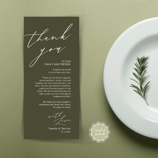 Minimalist Wedding Place Setting Thank You Card (Wedding Place Setting Dinner Thank You Card, Modern Romantic Script, in Olive Green)