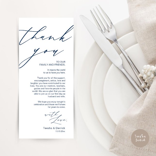 Minimalist Wedding Place Setting Thank You Card (Wedding Place Setting Dinner Thank You Card, Modern Romantic Script, in Navy Blue)