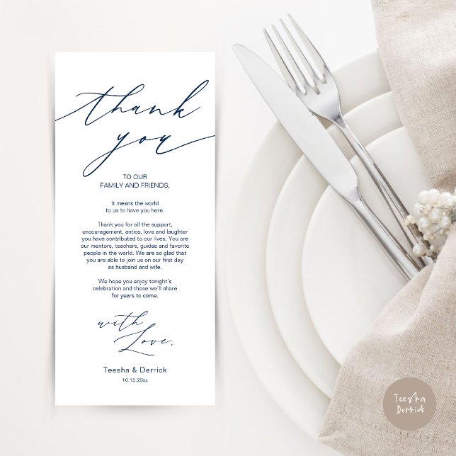 Minimalist Wedding Place Setting Thank You Card (Wedding Dinner Place Setting Thank You Card, Modern Minimalist Design, in navy blue)