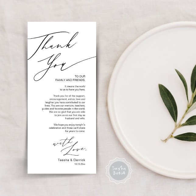 Minimalist Wedding Place Setting Thank You Card (Wedding Dinner Place Setting Thank You Card, Modern Minimalist, in Black and White)