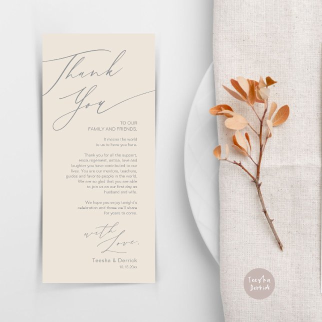 Minimalist Wedding Place Setting Thank You Card (Wedding Dinner Place Setting Thank You Card, Modern Minimalist, in Grey and Cream)