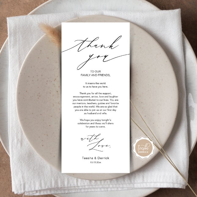 Minimalist Wedding Place Setting Thank You Card (Wedding Dinner Place Setting Thank You Card, in Modern Gentle Script, Black themed, Plate Decor)