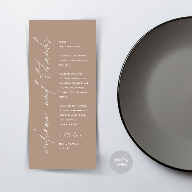 Minimalist Wedding Place Setting Thank You Card (Wedding Dinner Place Setting Thank You Card, Modern Minimalist, in Warm Taupe)