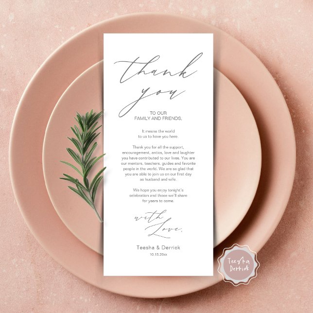 Minimalist Wedding Place Setting Thank You Card (Wedding Brunch, Lunch, Dinner Place Setting Thank You Card, Modern Minimalist Script, Dark Grey)