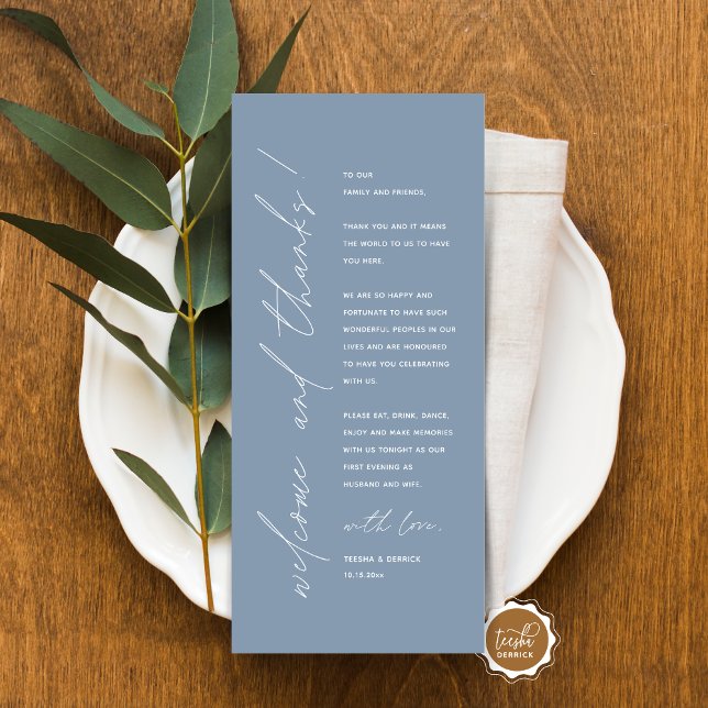Minimalist Wedding Place Setting Thank You Card (Minimalist Wedding Place Setting Thank You Card, for dinner, brunch, lunch party, in dusty blue)