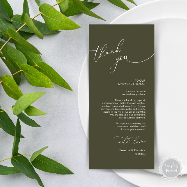 Minimalist Wedding Place Setting Thank You Card (Wedding Dinner Place Setting Thank You Card, Modern Minimalist Romantic Script, in Olive Green)
