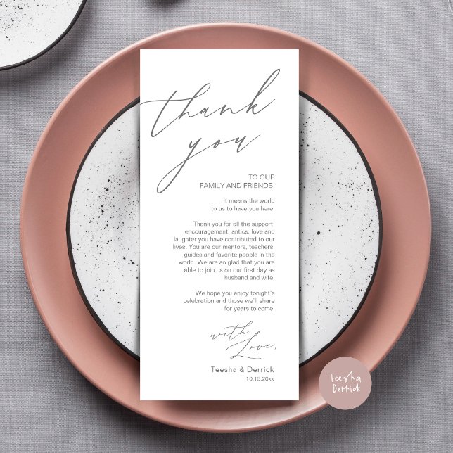 Minimalist Wedding Place Setting Thank You Card (Wedding Place Setting Dinner Thank You Card, Modern Romantic Script, in Dark Grey)