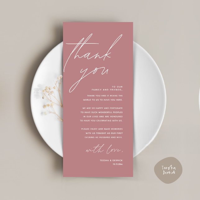 Minimalist Wedding Place Setting Thank You Card (Wedding Place Setting Thank You Card, Modern Minimalist in Dusty Rose Pink)