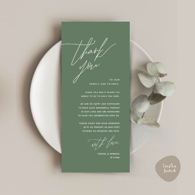 Minimalist Wedding Place Setting Thank You Card (Romantic Minimalist Wedding Dinner Place Setting Thank You Card, in Forest Sage Green summer)